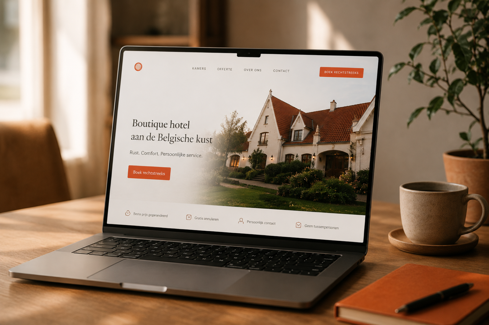 Een boutiquehotel-website die rechtstreeks laat boeken, op een laptop