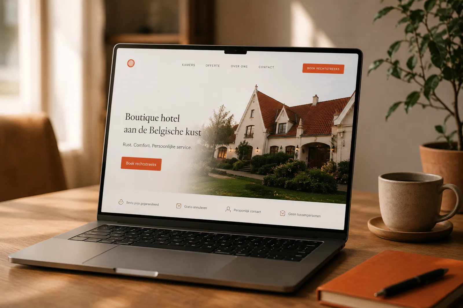 Een boutiquehotel-website die rechtstreeks laat boeken, op een laptop